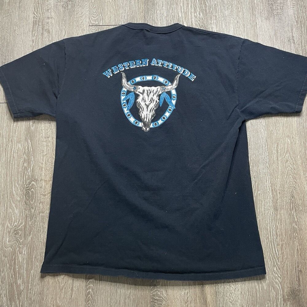 Western Attitude Cow Skull Henley T Shirt Vintage Size XL Single Stitch